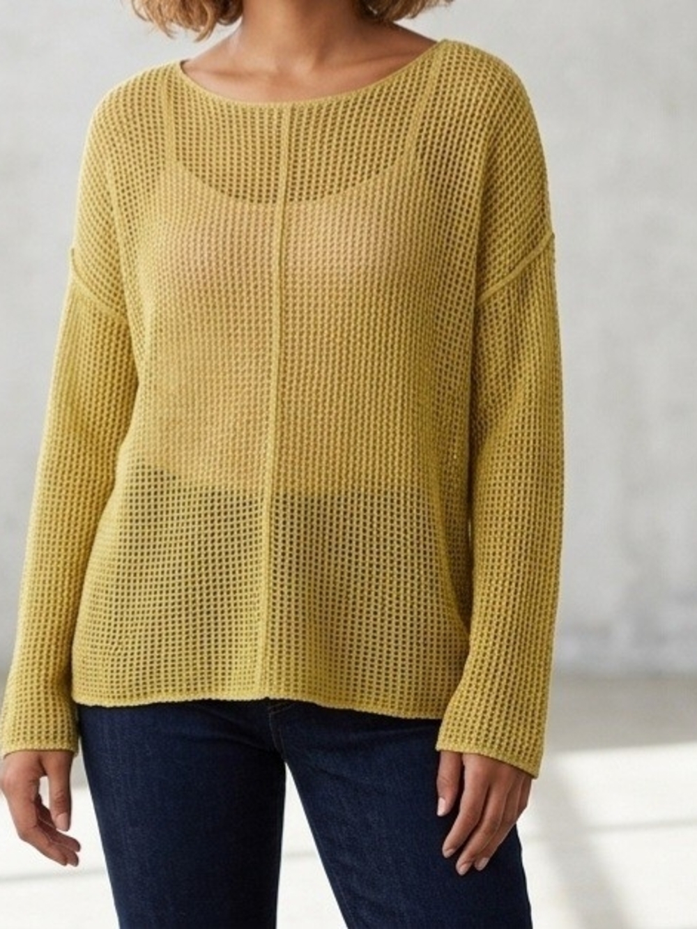 Eileen Fisher Lightweight Mustard Open-Weave Crewneck Sweater